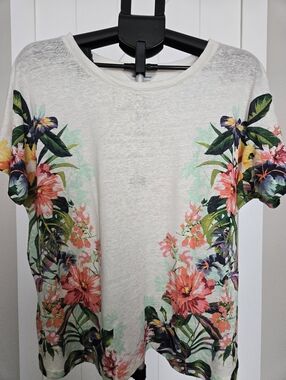 Tommy Bahama Women's Floral Linen Tee - White with Coral & Green Print